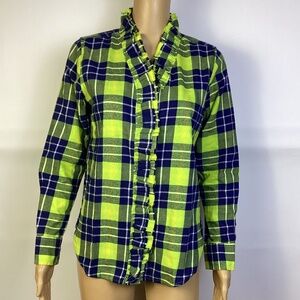 Tizzie flannel plaid shirt with ruffled front Green Navy sz S